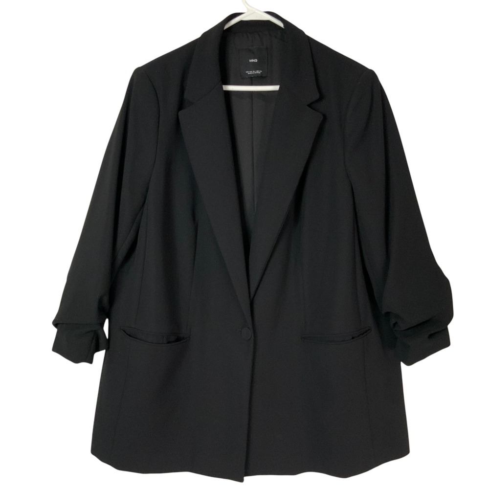 MNG Mango Ruched 3/4 Sleeve Blazer Black Notch Lapel Single Button Size 1XL